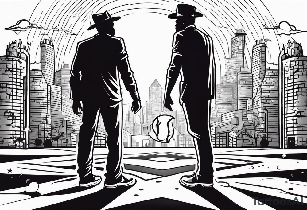 2 black shadows of people standing over 2 dead siloets tattoo idea