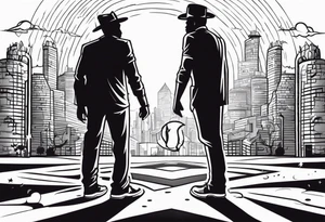 2 black shadows of people standing over 2 dead siloets tattoo idea