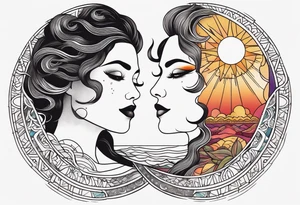 single face 
half of the face is a woman representing the sun, and the second half is a man representing the moon.  the sun has a lake and the moon has a dessert tattoo idea