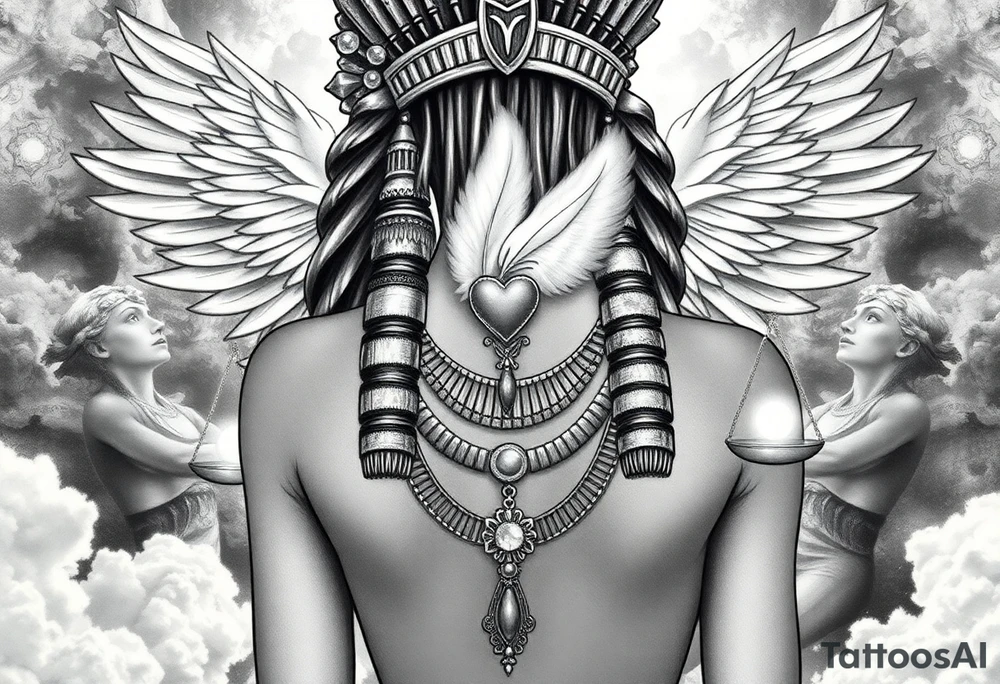 Beautiful Egyptian goddess and elegant body, depicted as a regal woman with an ostrich feather headdress, and intricate ancient Egyptian jewelry such as the Anhk necklace. Background includes something similar to heaven. Incorporate the Scales of Justice—one side holding a heart, the other Ma’at’s feather—glowing with ethereal energy. Emphasize dramatic lighting, deep shadows, and surreal, mystical atmosphere tattoo idea