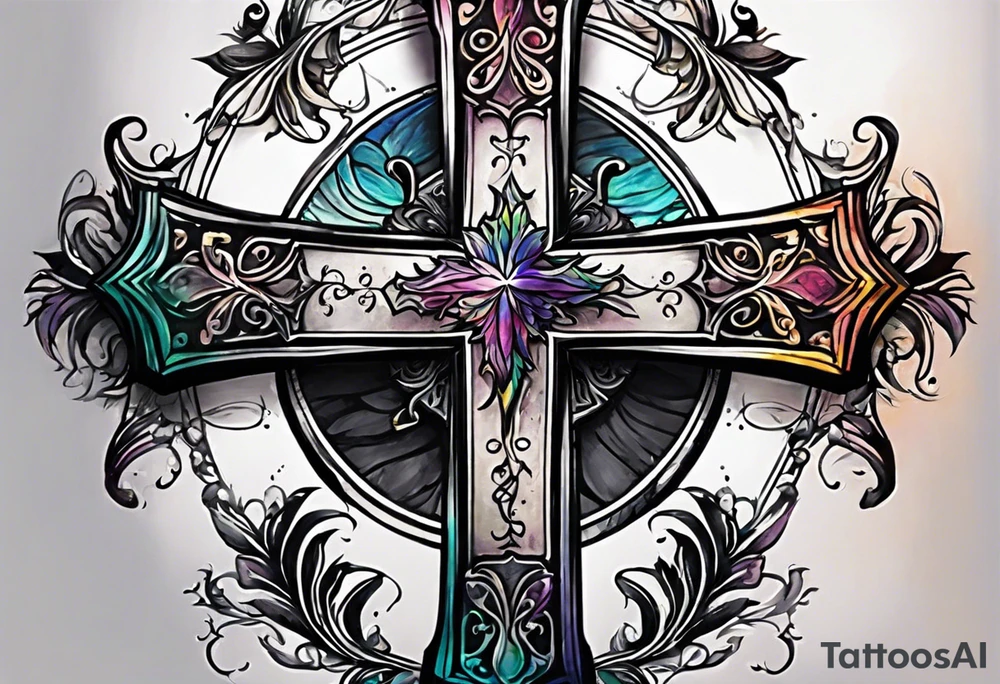 black cross with watercolor backgound tattoo idea