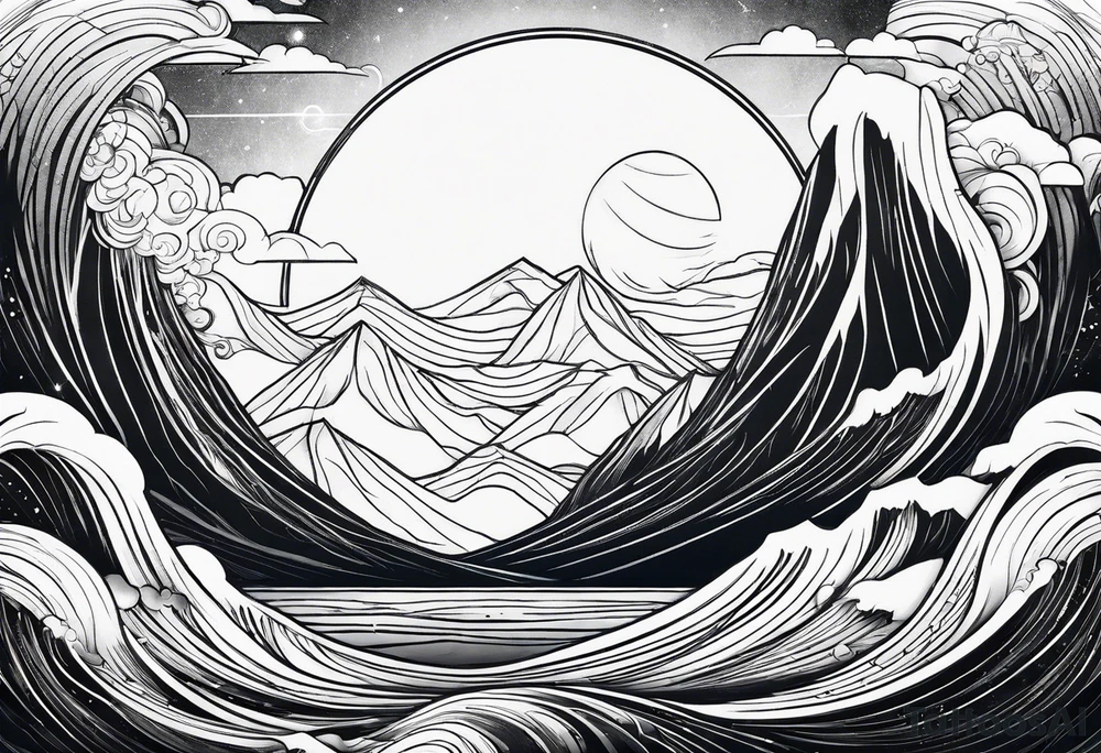 line art mountain vs space with waves tattoo idea
