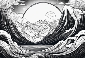 line art mountain vs space with waves tattoo idea