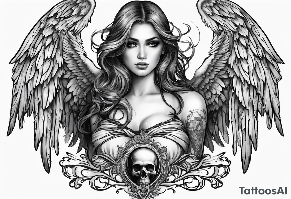 angel with skull head tattoo idea