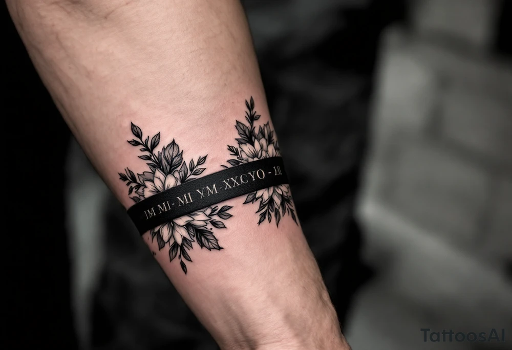 2 black bands with roman numerals across them in negative, between the black bands are full of narcissus flowers and holly tattoo idea