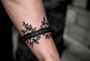 2 black bands with roman numerals across them in negative, between the black bands are full of narcissus flowers and holly tattoo idea