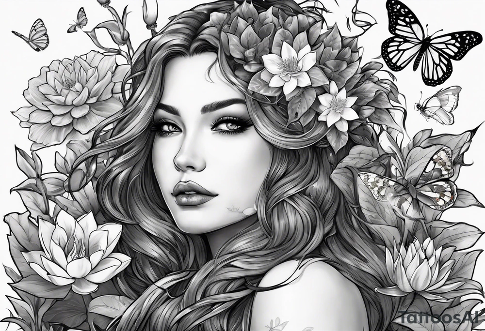 poison ivy wrapped around a hand holding water lilies surrounded with butterflies around with “Zane”, “Nate”, “Jaiden” tattoo idea