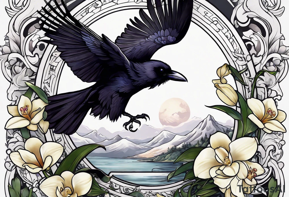 A sleeve with a a Raven A white orchid saying 1990 and something showing change with the Raven tattoo idea
