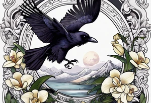 A sleeve with a a Raven A white orchid saying 1990 and something showing change with the Raven tattoo idea