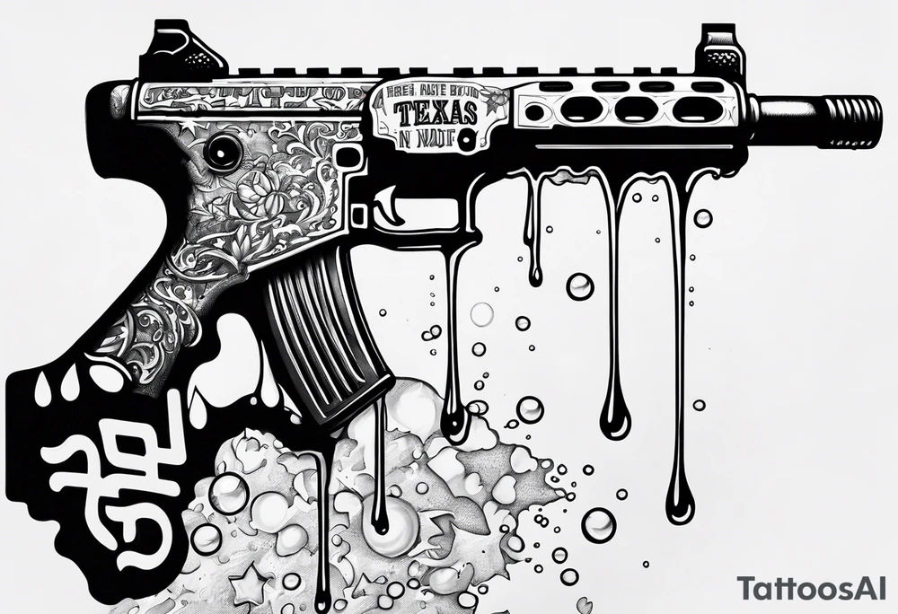 AR15 dripping syrup and the words Texas Made in bubble letters on top of the AR tattoo idea