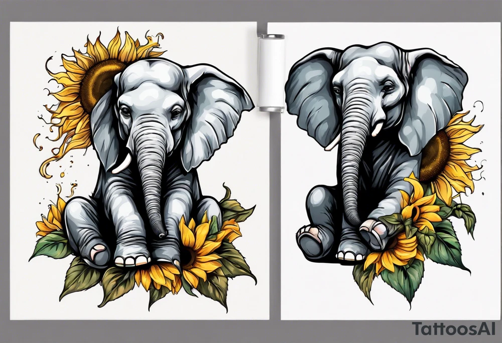Sitting young elephant with trunk raised in air with sunflowers around it tattoo idea