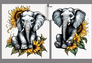 Sitting young elephant with trunk raised in air with sunflowers around it tattoo idea