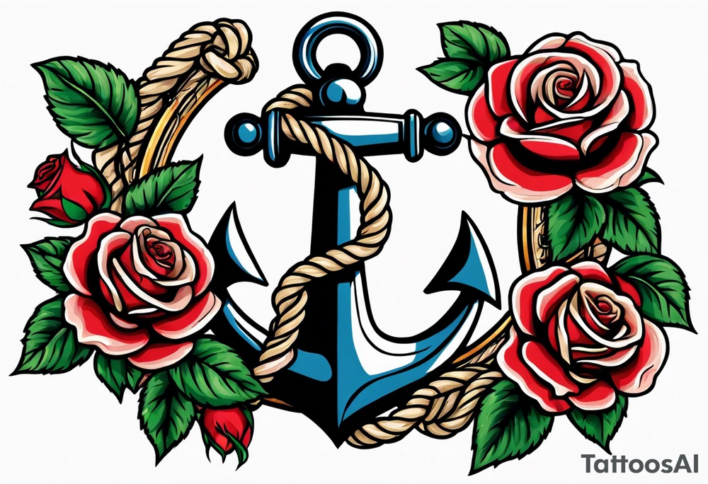 old school anchor with rope wrapped around anchor and banner across anchor and old school roses tattoo idea