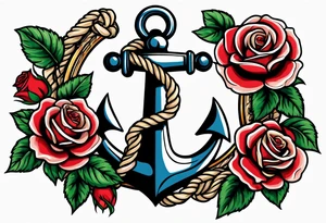 old school anchor with rope wrapped around anchor and banner across anchor and old school roses tattoo idea