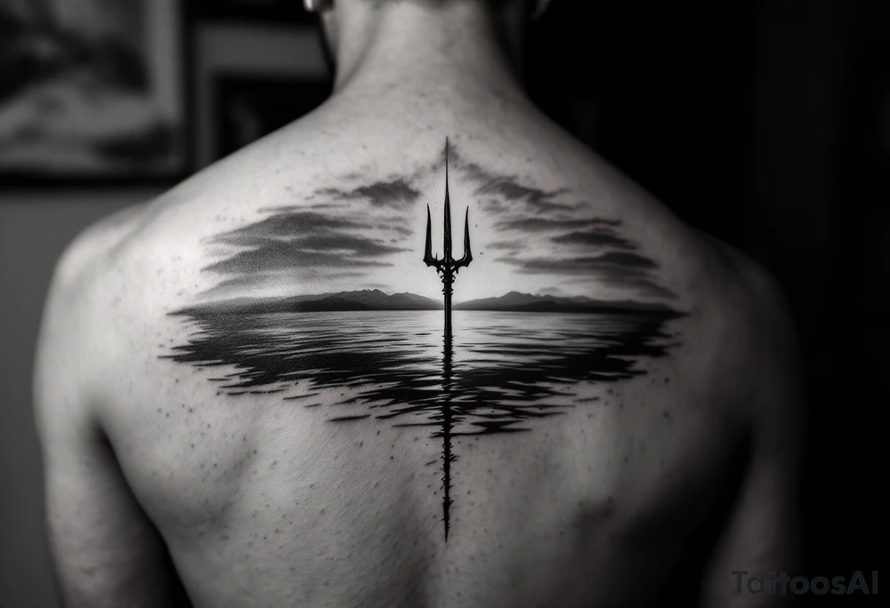 trident half way under calm water with sunset tattoo idea