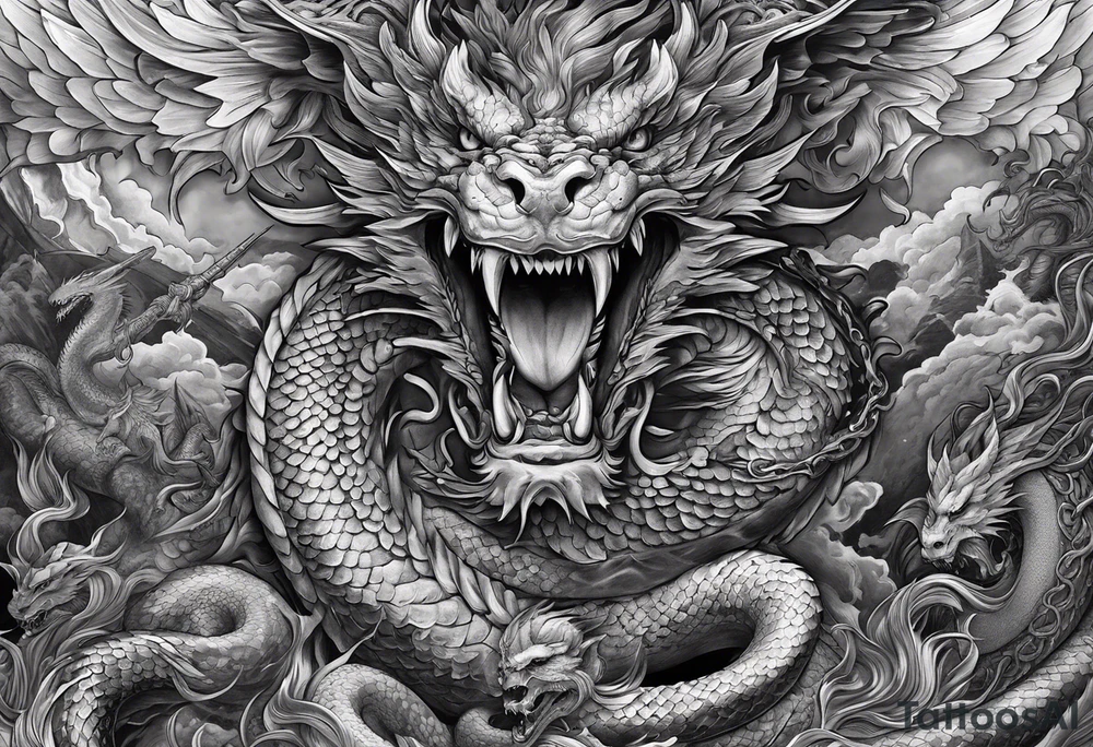 Full back piece depicting the war between angels above killing a demonic snake dragon below tattoo idea Full back piece depicting the war between angels above killing a demonic snake dragon below tattoo idea