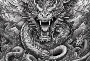 Full back piece depicting the war between angels above killing a demonic snake dragon below tattoo idea