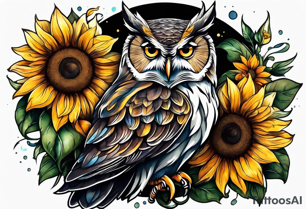 Owl and sunflower sleeve tattoo idea