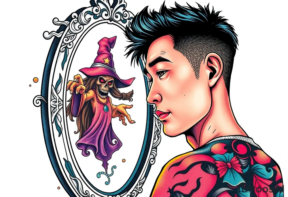 Handsome Asian young guy is looking in cursed mirror and see a witch tattoo idea