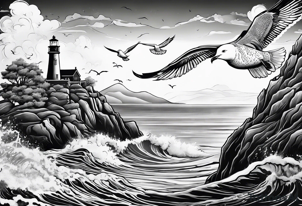 Sea view with seagull tattoo idea