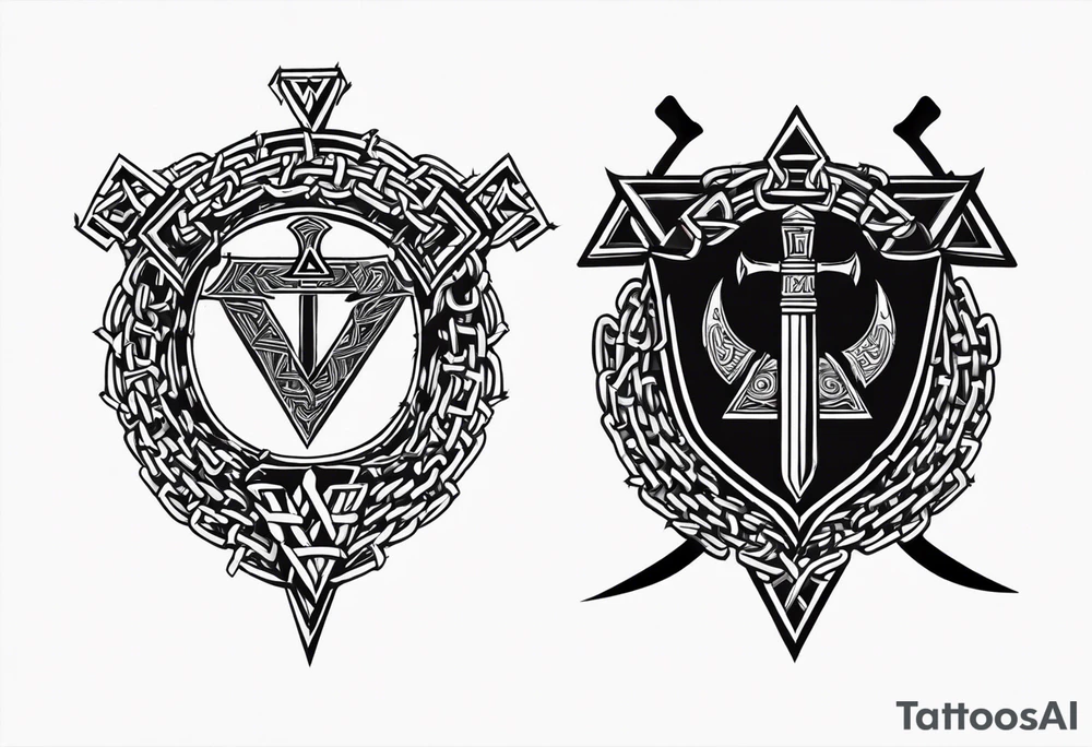 Valhalla sword shield axe barbed wire chains valknut tattoo idea