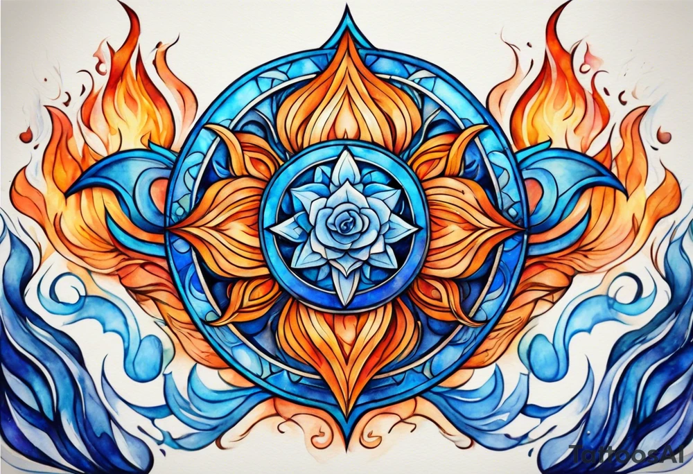 Twin flame symbol with blue and orange fire. Intricate lining and watercolor paint for the fire tattoo idea
