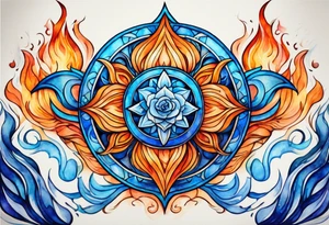 Twin flame symbol with blue and orange fire. Intricate lining and watercolor paint for the fire tattoo idea