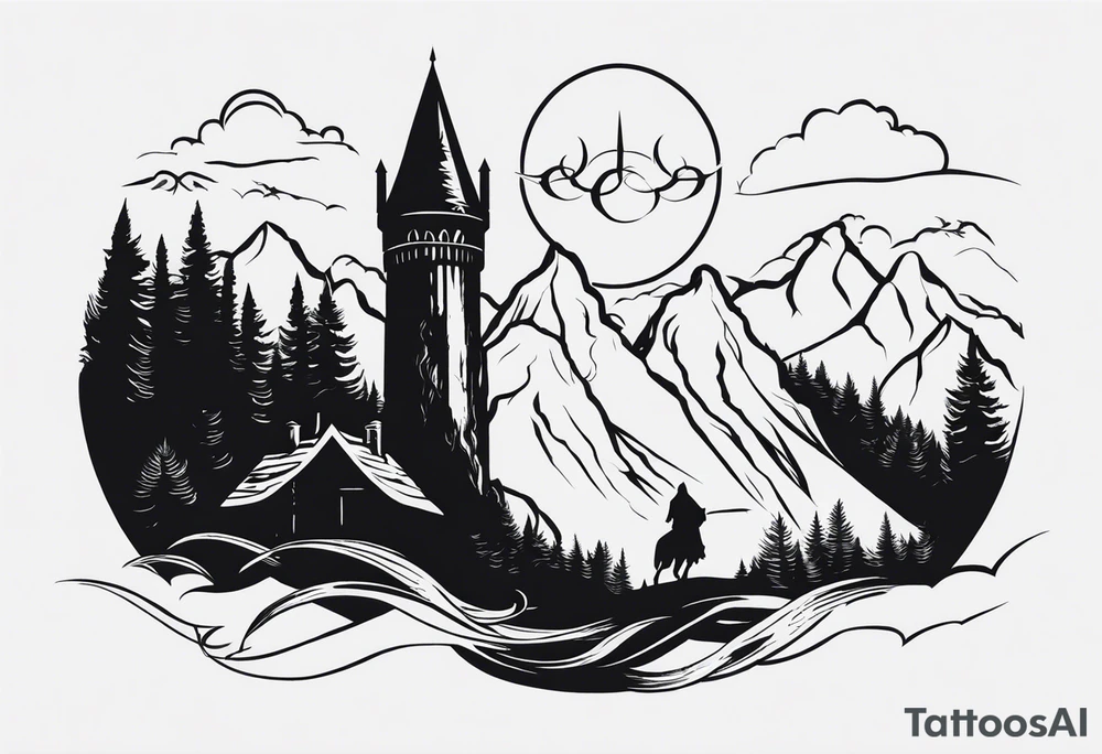 Lord of the rings main with Harry Potter mashup but clear independent visual symbolism of both movies. Small and minimal. Movies not books tattoo idea