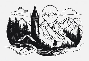 Lord of the rings main with Harry Potter mashup but clear independent visual symbolism of both movies. Small and minimal. Movies not books tattoo idea