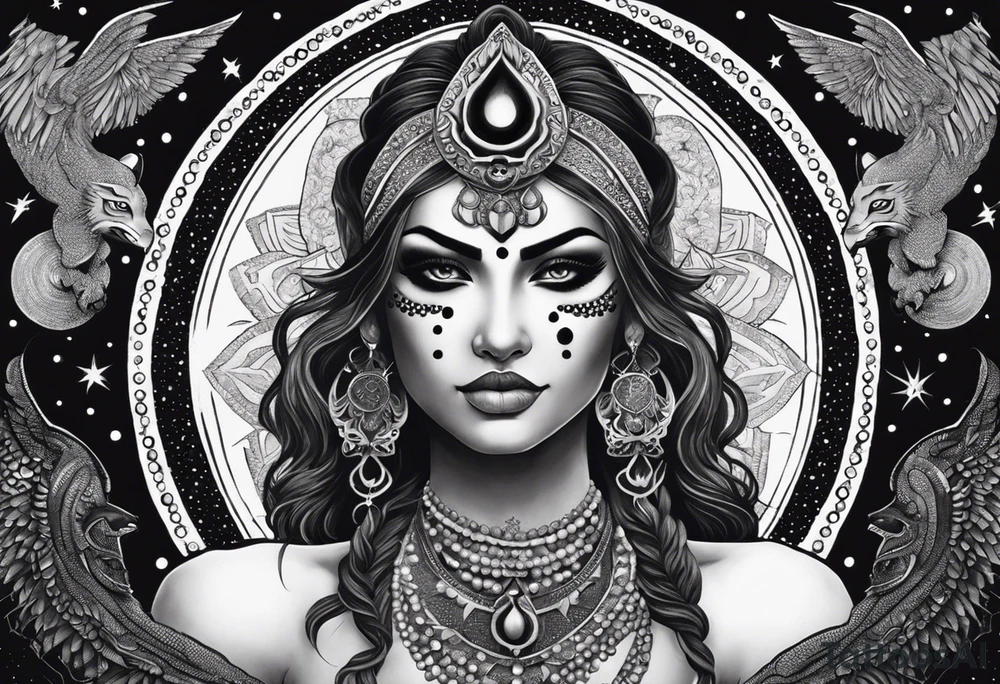black kali, goddess pirate, alien, angel, pachamama, valkrye, warrior, flying, skull, lotus azul, wing, eagle, zenza resonance, stars, 5D, anahata chakra, death, durga, riding on a tiger, flying lady, kundalini, chest tatoo, samuri, rebel, serpent tattoo idea