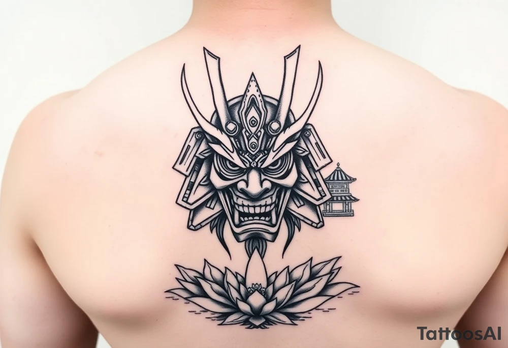 Samurai oni mask, Japanese temple, water, lotus tattoo idea