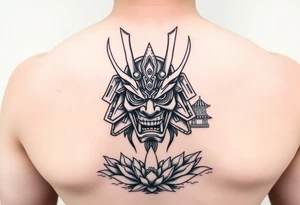 Samurai oni mask, Japanese temple, water, lotus tattoo idea