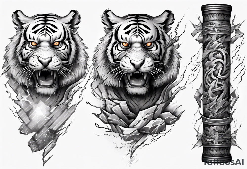 ancient Tiger with lightning for a forearm sleeve tattoo idea