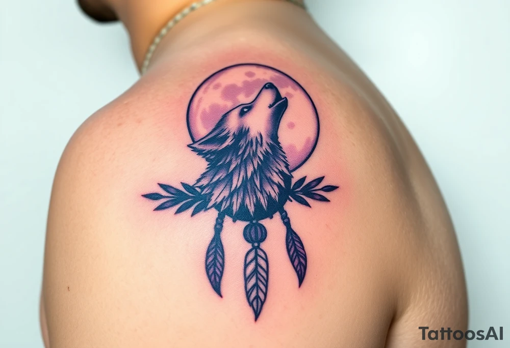 A full moon behind a wolf howling at the night sky, with dreamcatcher threads hanging below, colored in deep purples and silvery whites tattoo idea