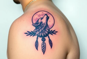 A full moon behind a wolf howling at the night sky, with dreamcatcher threads hanging below, colored in deep purples and silvery whites tattoo idea