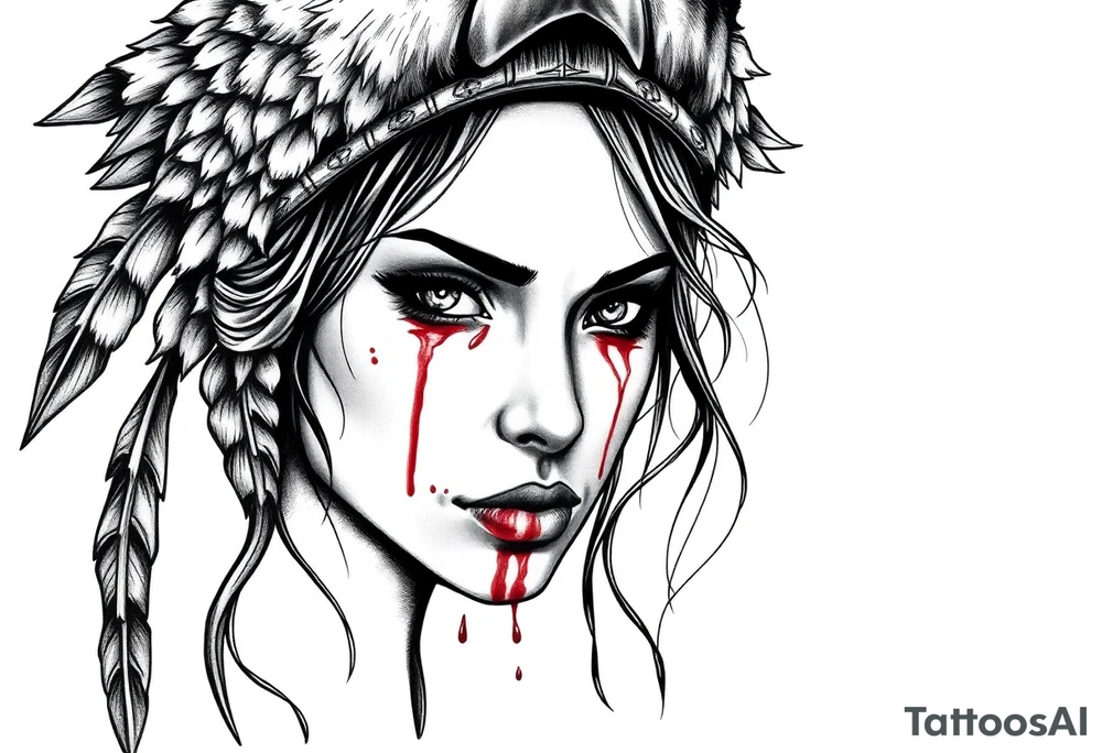 Beautiful Womans shedding a tear, with battle scars and blood on face, wearing a bear headdress on head tattoo idea