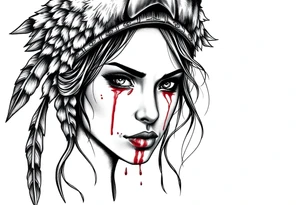 Beautiful Womans shedding a tear, with battle scars and blood on face, wearing a bear headdress on head tattoo idea