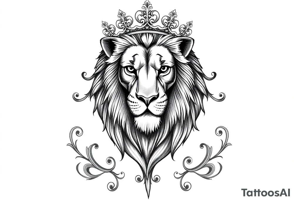 majestic lion wearing ornate crown, surrounded by baroque flourishes tattoo idea