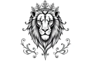 majestic lion wearing ornate crown, surrounded by baroque flourishes tattoo idea