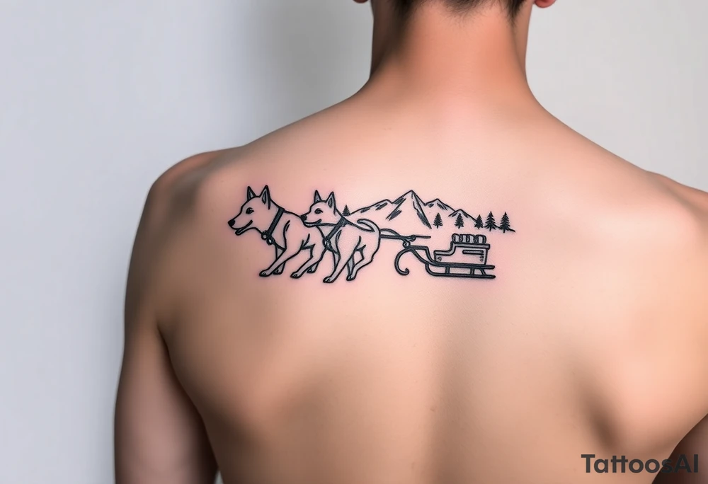 4 Sled dogs from a side view 
with sled and northern lights and mountains tattoo idea