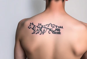 4 Sled dogs from a side view 
with sled and northern lights and mountains tattoo idea