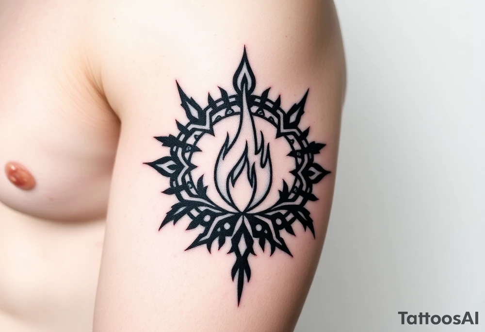 a flame imprisoned in roots circle tattoo idea