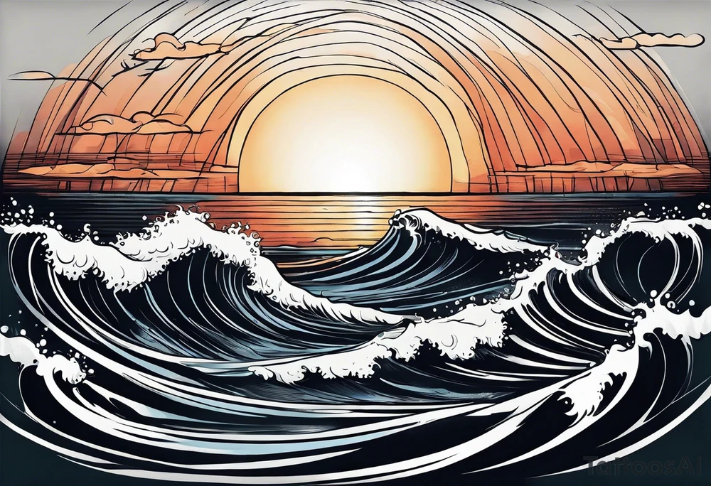 Tattoo from the perspective of being on the ocean at sunset. Water is calm, with very light waves, the sun is setting behind the ocean, reflicting light onto the ocean waves. tattoo idea