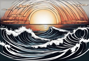 Tattoo from the perspective of being on the ocean at sunset. Water is calm, with very light waves, the sun is setting behind the ocean, reflicting light onto the ocean waves. tattoo idea