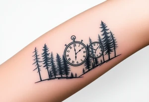 Forest landscape with three clocks with dates tattoo idea