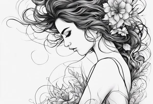 One line tattoo A distraught girl frazzled hair on her knees kind of disintegrating into dirt, screaming  (screams are visualized by lines) that turn into flowers tattoo idea