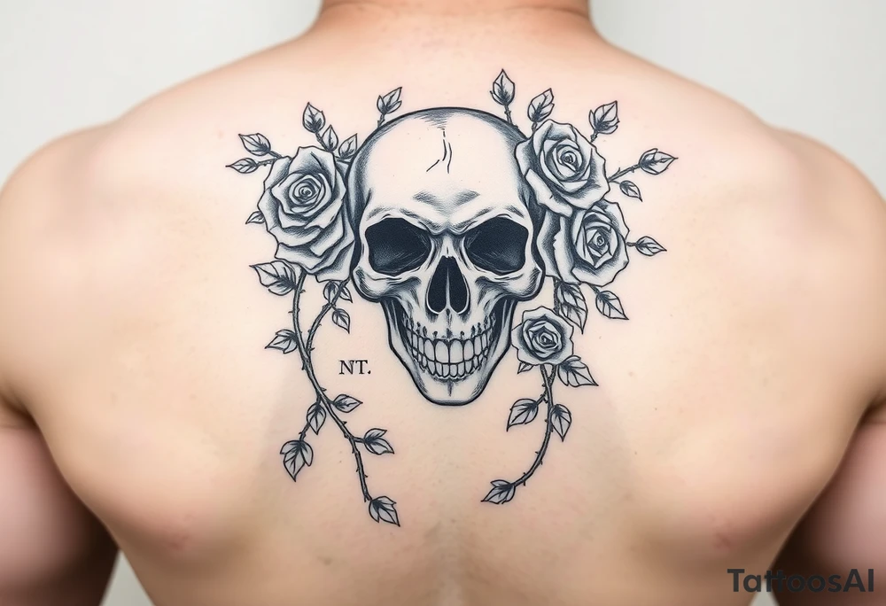 gothic skull intertwined with climbing roses and thorny vines tattoo idea