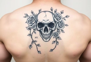 gothic skull intertwined with climbing roses and thorny vines tattoo idea