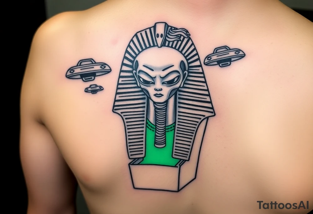 "Pharaoh's sarcophagus opening to reveal a grey alien. Floating UFOs are shaped like Chevy Impalas (lowrider style).  

Style: Neo-traditional tattoo with glitch effects. Colors: turquoise/black/neon green." tattoo idea