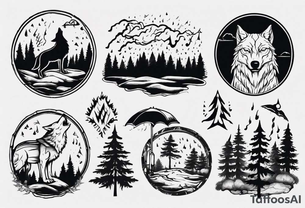 thunderstorm over a forest with a wolf howling on drums tattoo idea thunderstorm over a forest with a wolf howling on drums tattoo idea